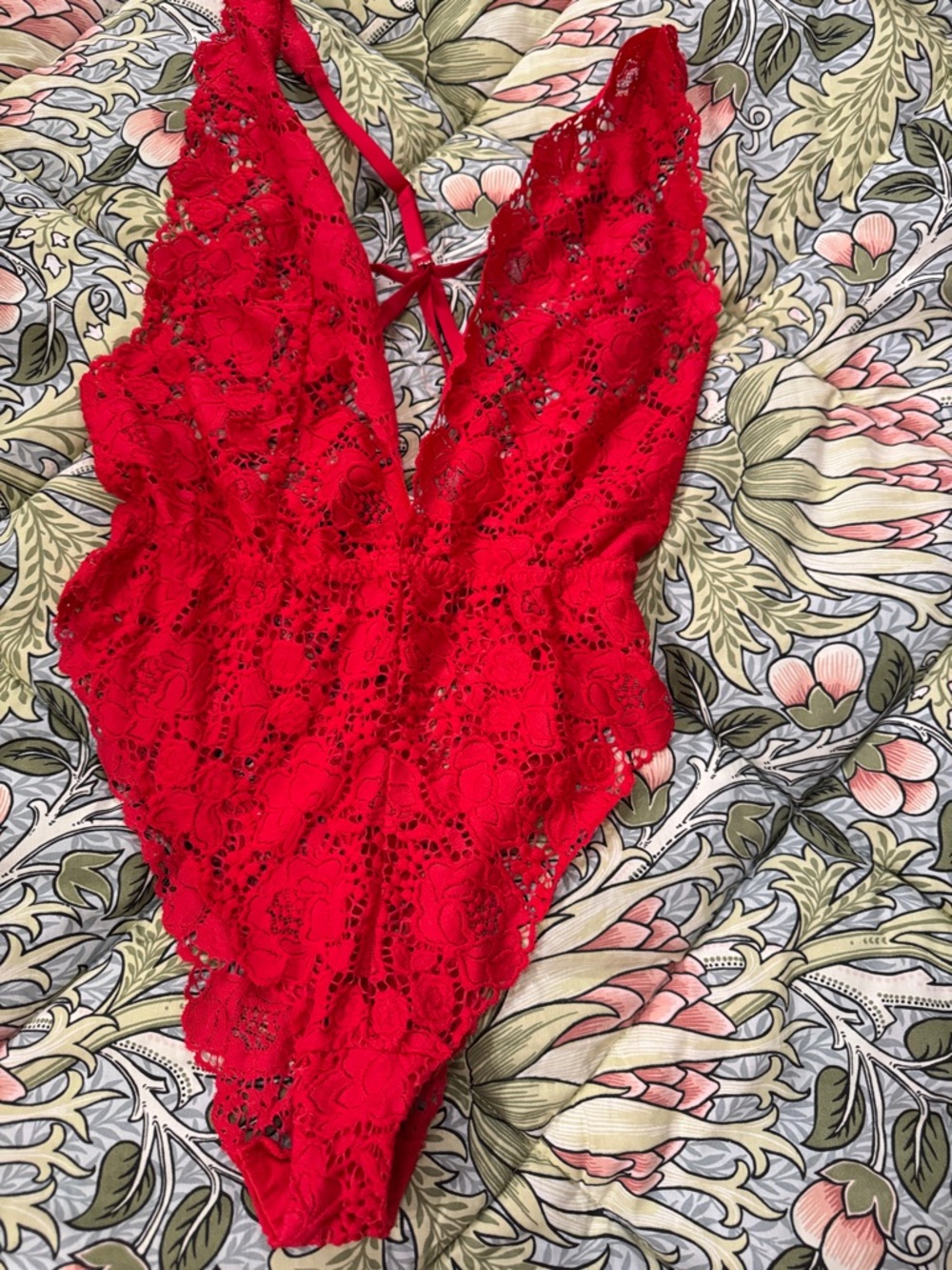 Victoria's Secret Bright Red Lace Halter One-Piece Bodysuit
